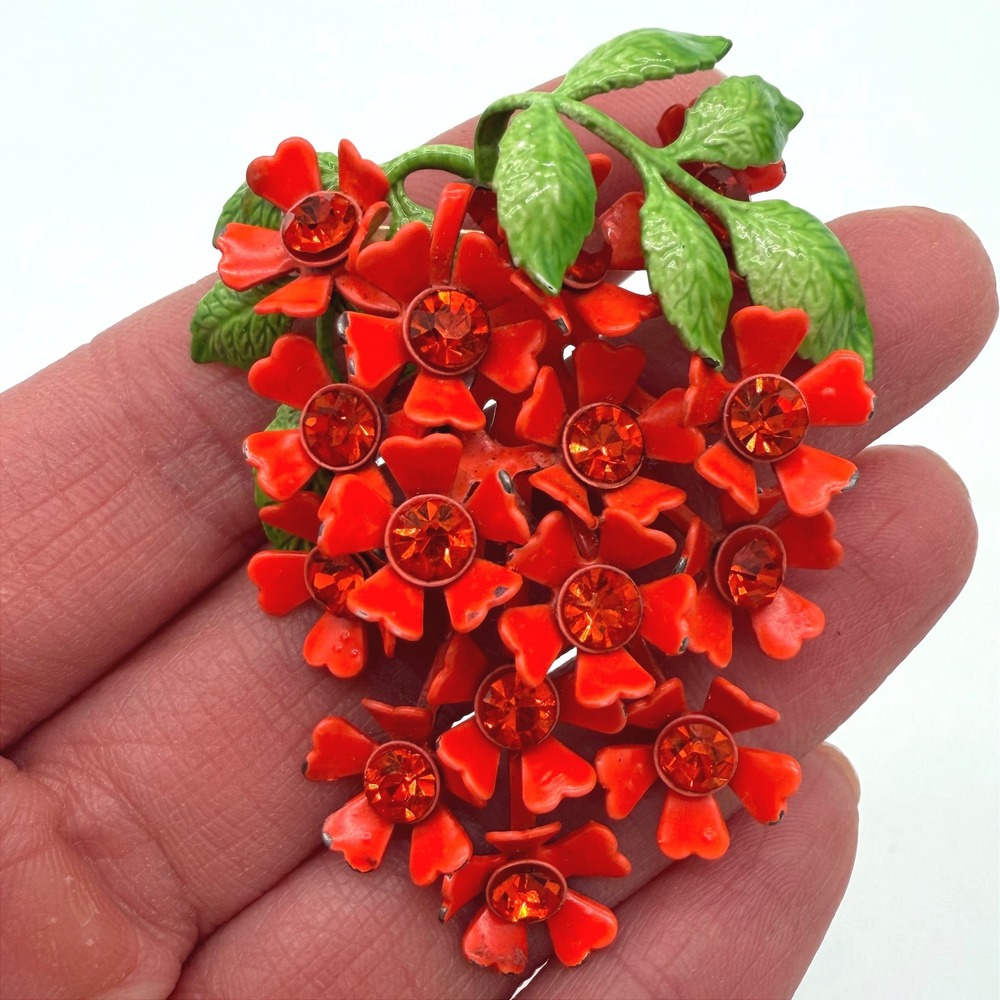 Vintage Strawberry Floral Brooch Red Enamel Rhinestone Cluster Retro Pin